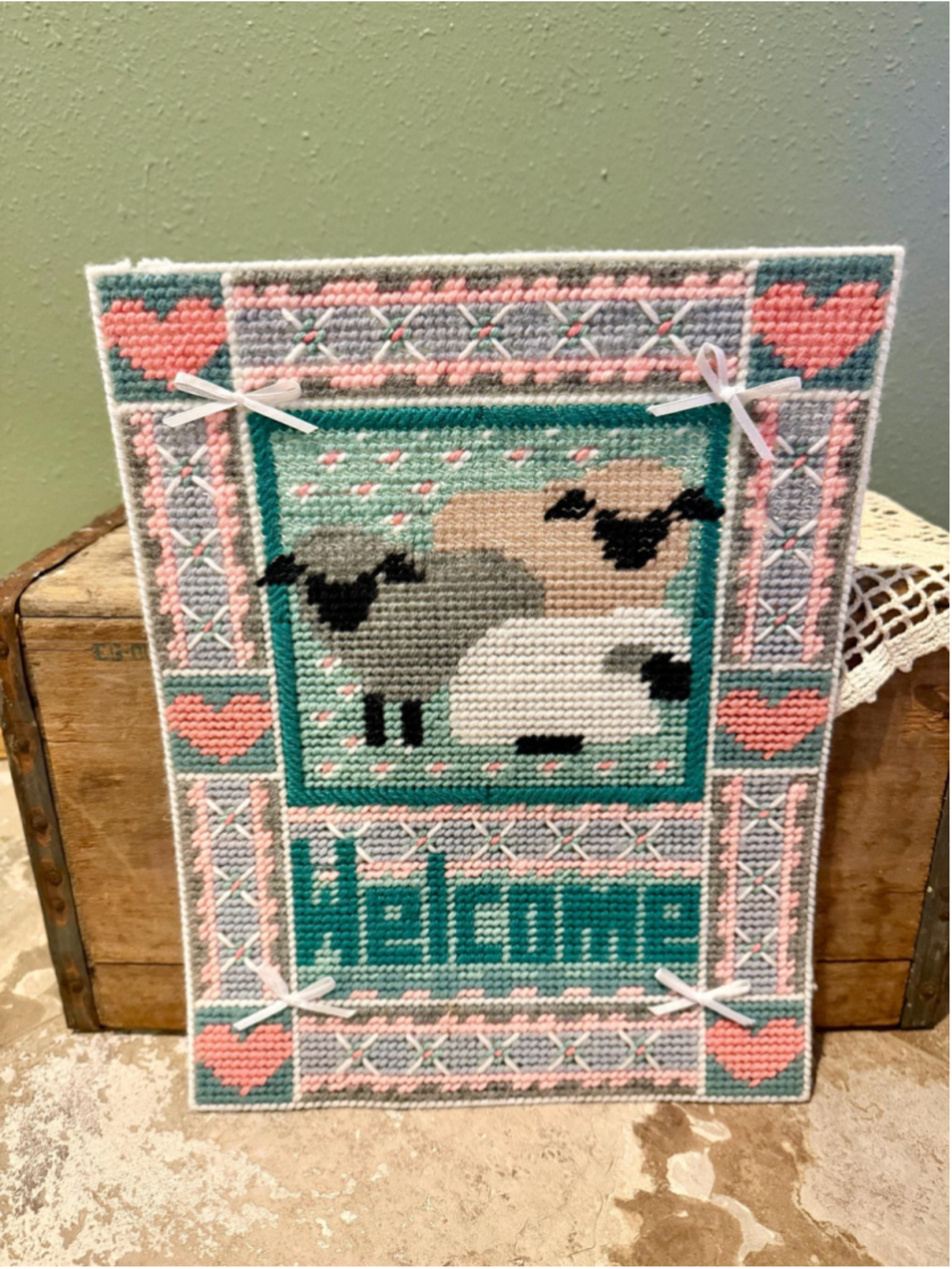 Vintage Plastic Canvas "Welcome" Sheep Wall Hanging